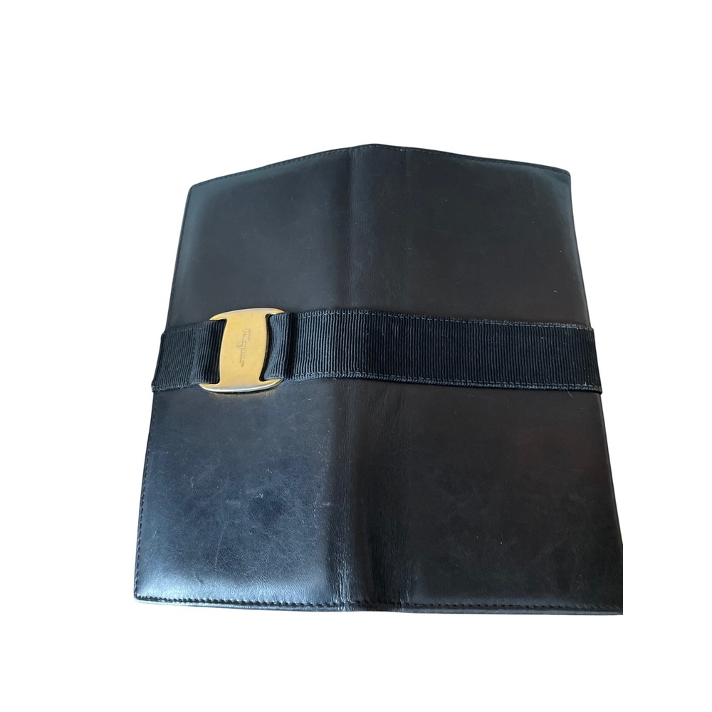 Salvatore Ferragamo Black Leather Long Wallet Signature Ribbon & Gold Buckle
